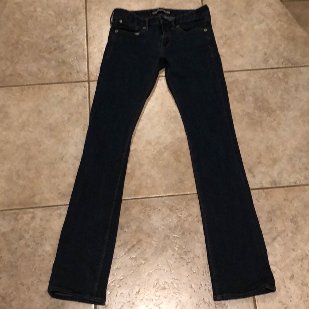 “Express” brand dark wash boot cut jeans.